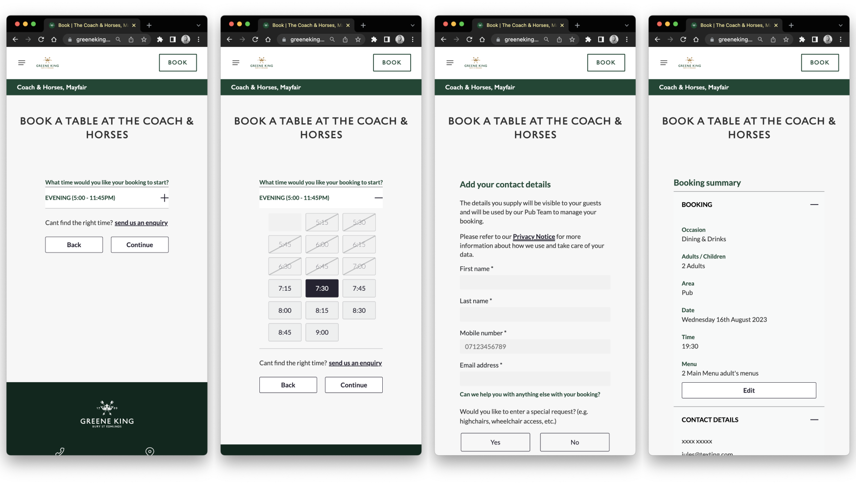 The existing Greene King booking flow — time selection, contact details, and booking summary