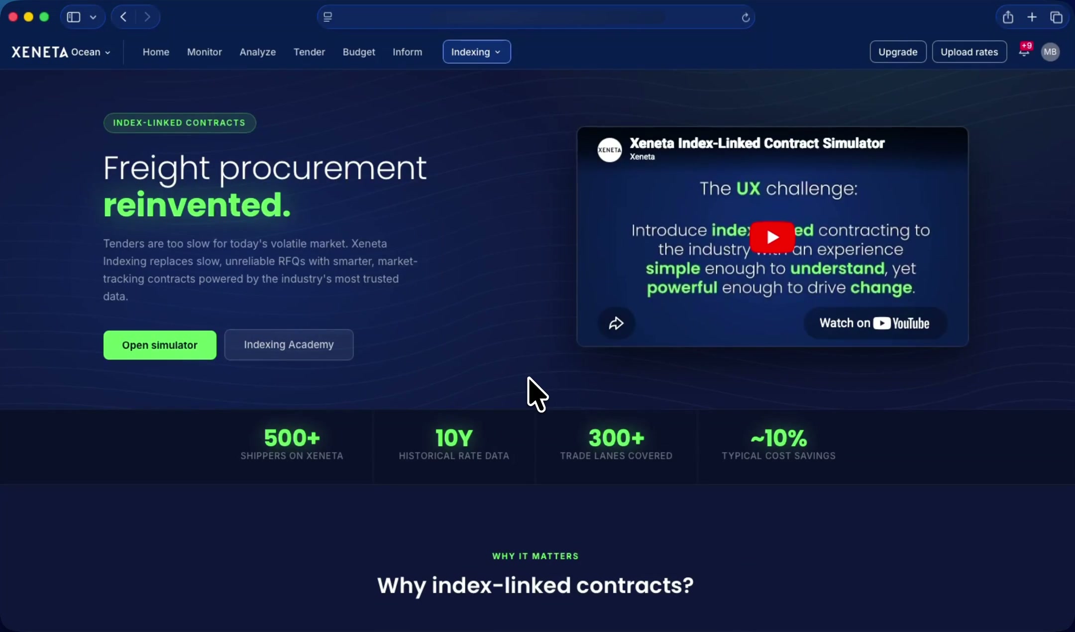 The Xeneta Indexing landing page: freight procurement reinvented, with the simulator one click away
