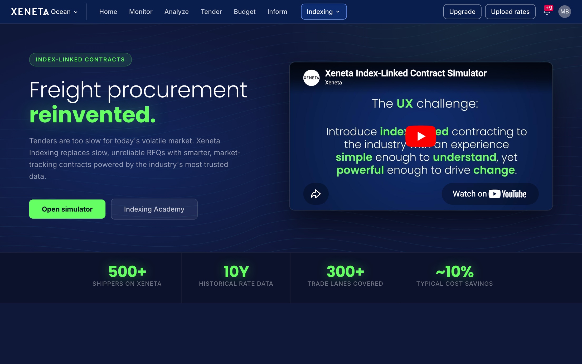 The Xeneta Indexing marketing page: 'Freight procurement reinvented', with the index-linked contracts brand accent, stats, and product video