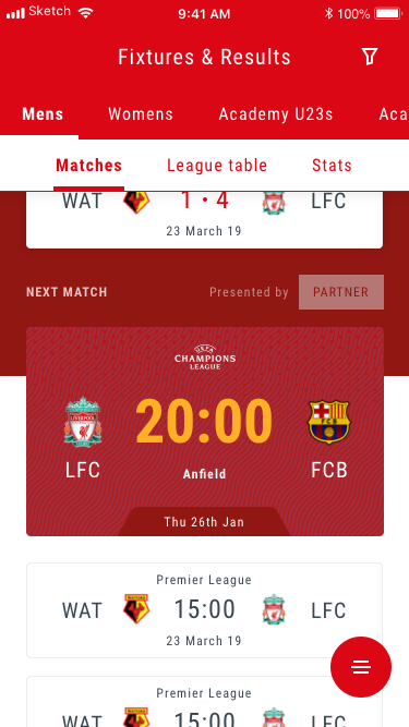 Fixtures - featured Champions League match with countdown