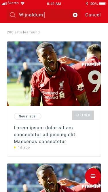 Search results showing player articles and news content