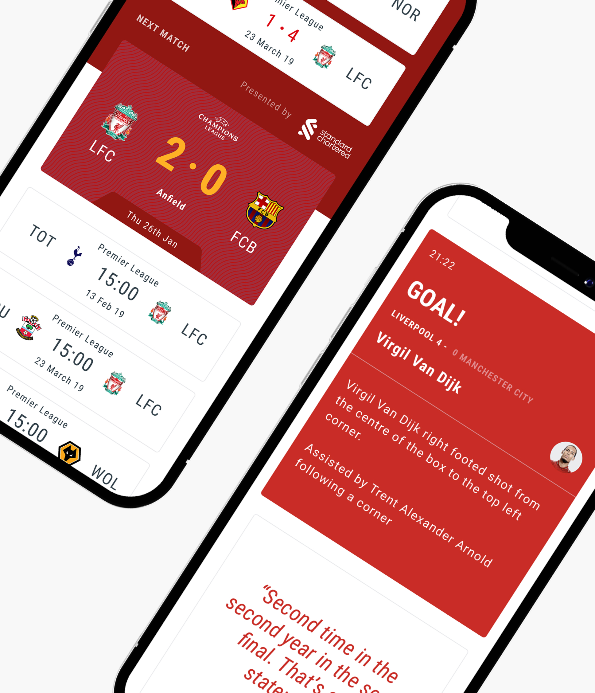 Two phones: the fixtures list with a featured Champions League match card, and a live goal moment for Van Dijk
