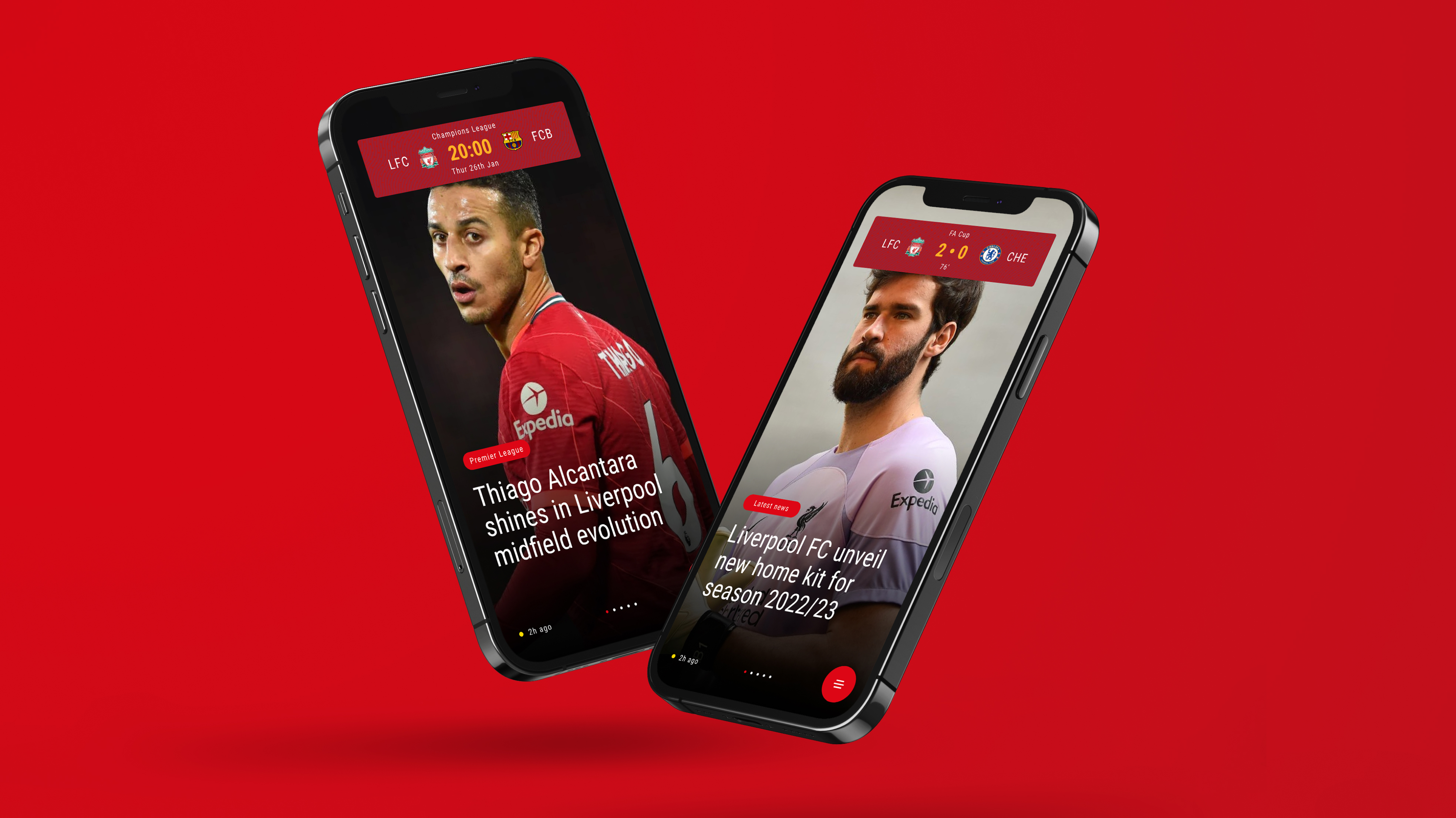 Two phones showing the LFC news feed: a live match strip pinned above full-bleed first-team stories