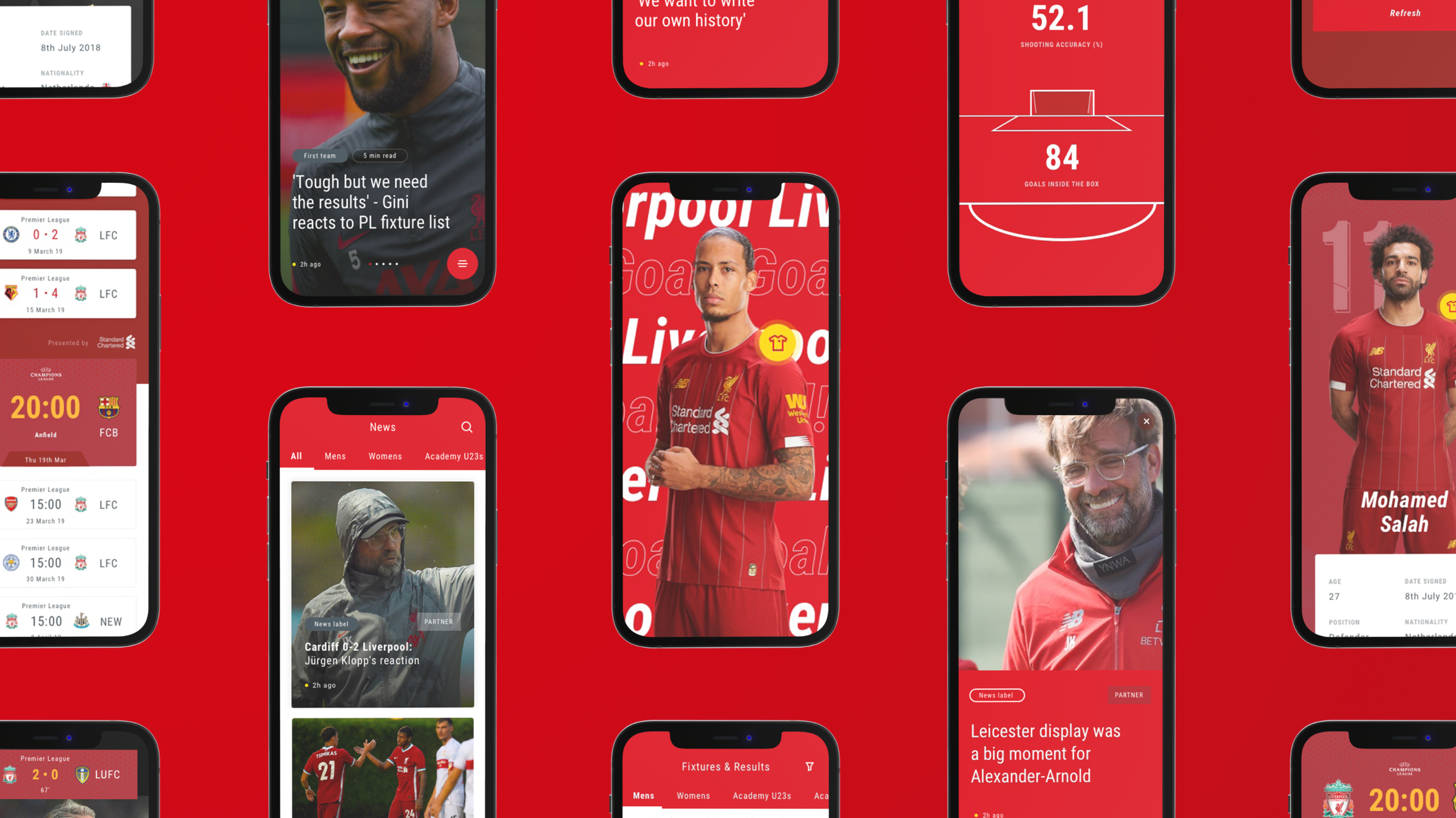 A grid of phones showing every LFC app screen type built from the same components: news, fixtures, player pages, statistics and live match events